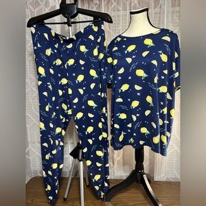 JOYSPUN XL 2PC PAJAMA SET Navy blue/yellow lemon print Elastic waist pants